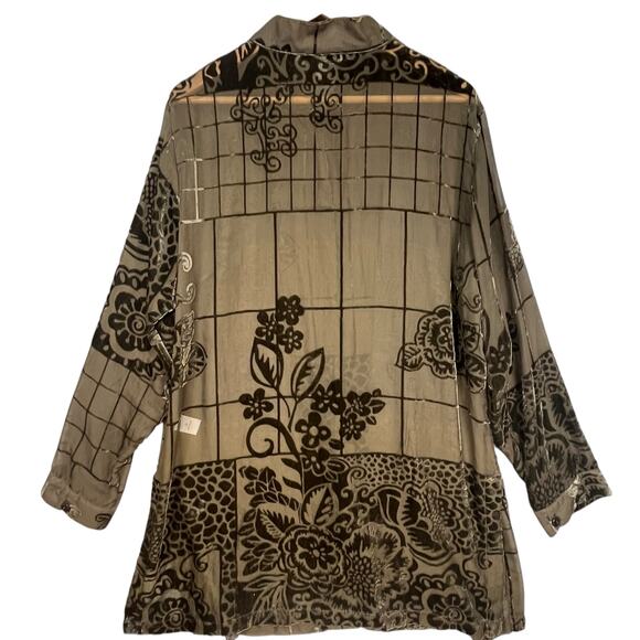 Coldwater Creek Olive Sheer Velvet Burnout Floral Long Sleeve Tunic Blouse Large - Picture 2 of 5